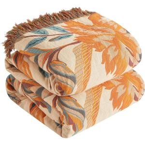 Boho Throw Blanket for Bed 80x90, 100% Cotton Woven Blanket for Couch Sofa, Ultra Soft 4-Layer Muslin Quilt with Floral Printed, Farmhouse Bed Blanket/Cover for Living Room Decor