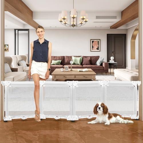100" Extra Large Free Standing Dog Gate with Strong Suction Cup Punch Free 24" Tall Step Over Baby Gate Mesh Dog Gate for Doorways 5 Panel Folding Pet Gate Baby Gates for Stairs Baby Fence (White)