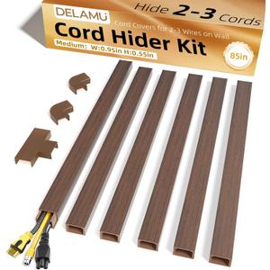 Delamu Cord Hider, 85in Cord Covers for 2-3 Wires on Wall, Self-Adhesive Cable Hider, PVC Wire Hiders Wire Covers for TV Cords on Wall, Easy Mount Cable Cover Raceway Kit, W0.95 H0.55in, Cherrywood