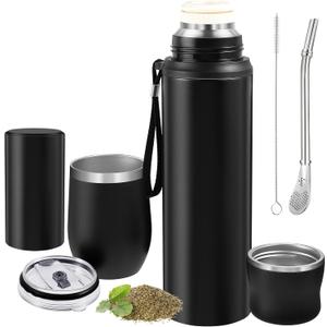 Suclain 3 Pcs Complete Yerba Mate Kit 12 oz Yerba Mate Gourd and Bombilla Set, 34 oz Stainless Steel Thermal Water Bottle with Tea Can, Straw Brush(Black)