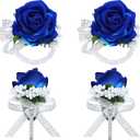 2 x 4Pcs Blue Corsage and Boutonniere Set, Artificial Rose Wrist Corsage Bracelets, Men Boutonniere for Wedding Ceremony Decorations Prom Homecoming Party Flower Accessories