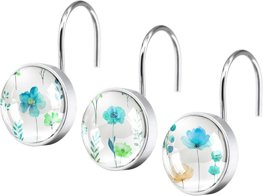 12Pcs Watercolor Floral Decorative Shower Curtain Hooks, Rust Proof Glass Surface Stainless Steel Rings for Bathroom Bedroom Home Bath Room Rods Decor(Sage Blue Flower)