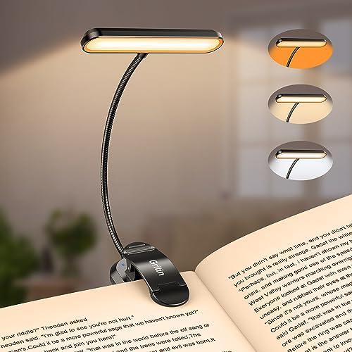 Gritin Rechargeable Book Light for Reading in Bed with 19 LED &Memory Function-Eye Caring 3 Color Temperatures,5 Brightness Levels,90 Hrs Runtime Flexible Goose Neck Clip on Light for Book Lovers