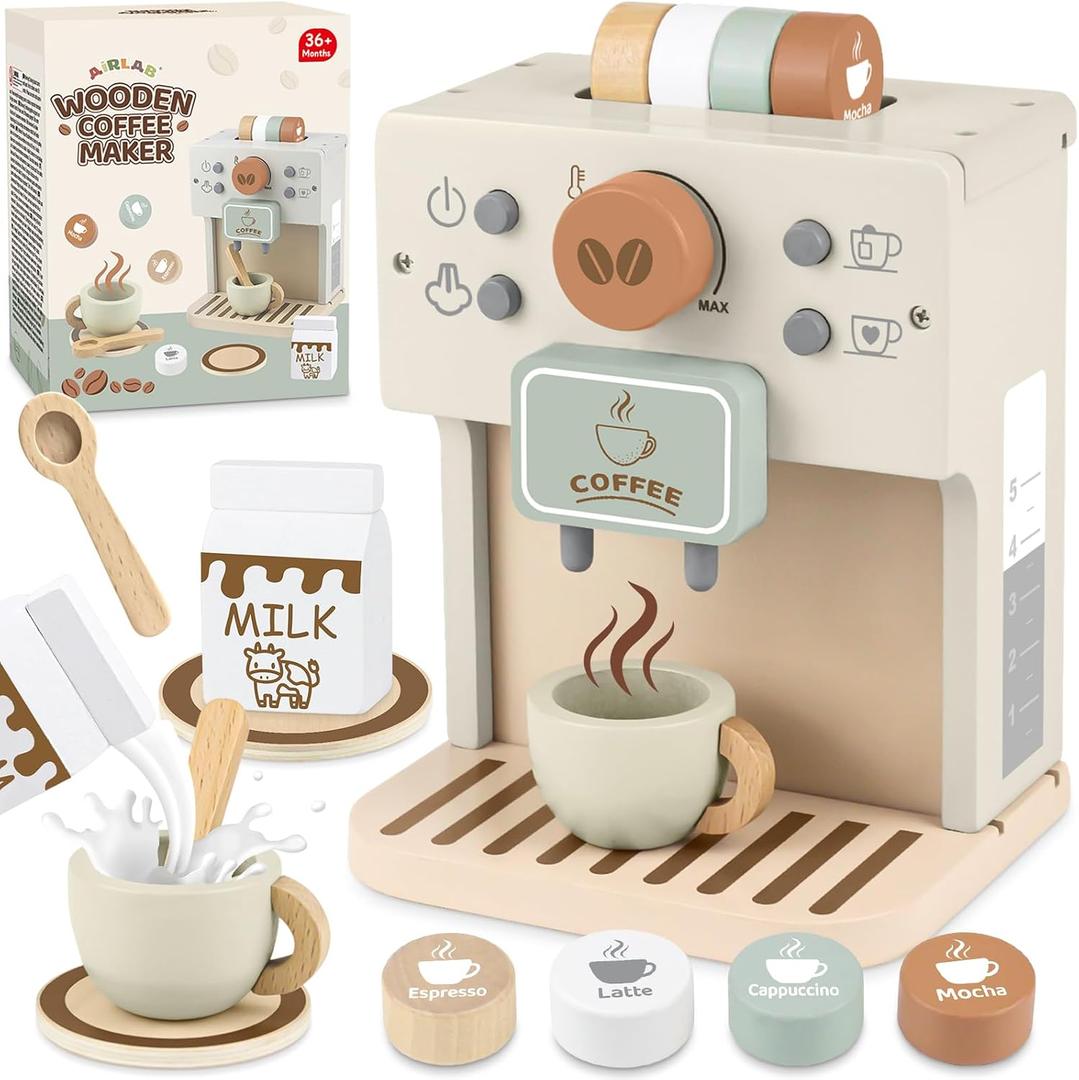 Airlab Toy Coffee Maker for Kids Wooden Kitchen Accessories Pretend Play Toddler Coffee Playset for Girls Boys Ages 3 4 5 Years Birthday Gifts, child-size