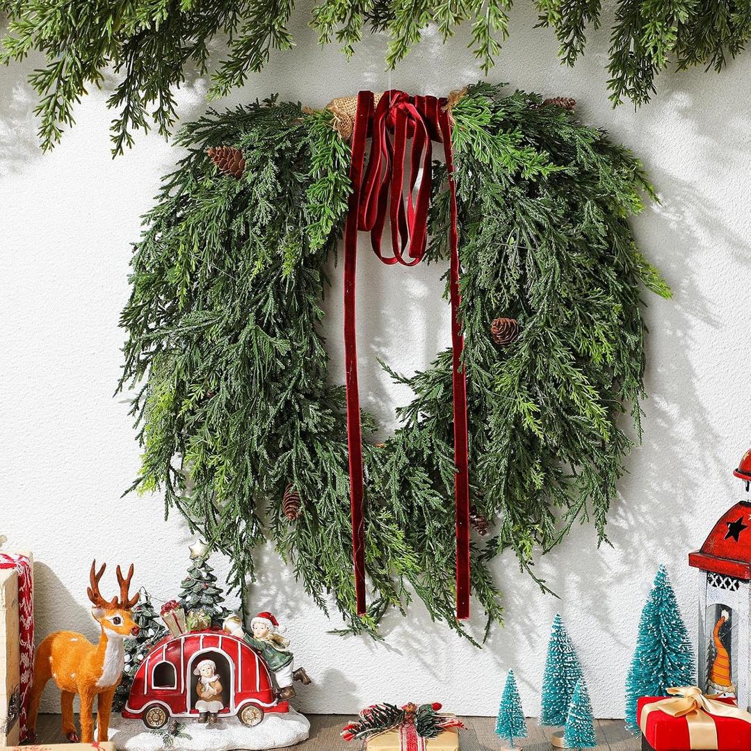 Dingion Small Norfolk Pine Christmas Wreath 11.8 in Christmas Kitchen Cabinet Norfolk Pine Wreath Mini for Front Door Artificial Farmhouse Rustic Xmas Decor for Window Fireplace