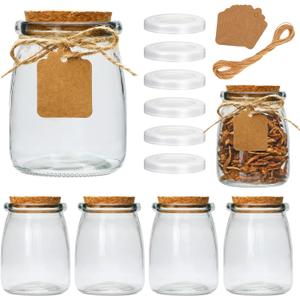Brajttt Mini Yogurt Jars 6 Pack, 7 oz Glass Favor Jars with Cork Lids, Pudding Containers with Lids, Mason Jar Wedding Favors Honey Pot with Label Tags and String