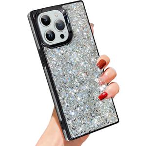 SAKUULO for iPhone 15 Pro Max Case Glitter, Luxury Sparkly Shiny Bling Back, Plating TPU Shockproof Bumper Protection Slim Cover 6.7inch for Women Girls- Black Glitter Crystal