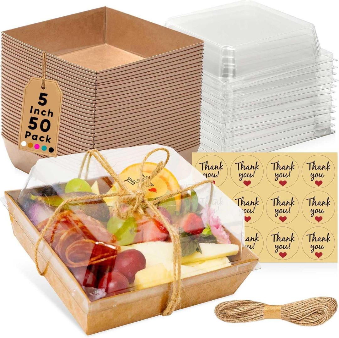50 Pack Small Charcuterie Boxes with Clear Lids - To Go Paper Mini Charcuterie Box, Disposable Food Containers, 5Inch Dessert Boxes - Sandwich, Cookie, Sushi, Cake Slice, Strawberries (Brown)