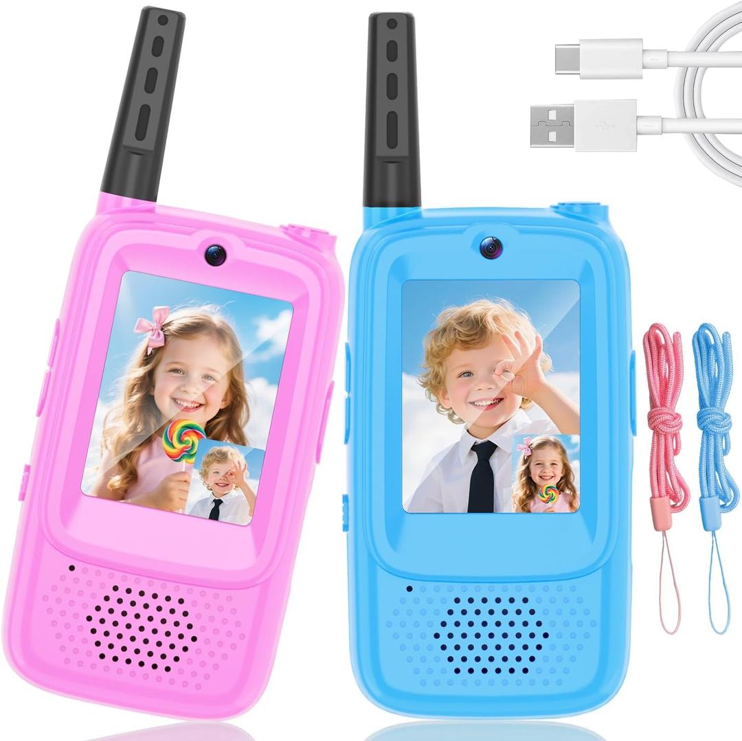 Video Walkie Talkies for Kids, 2 Pack Rechargeable Kids Walkie Talkies Long Range Outdoor Christmas Birthday Toddler Toys Gifts for 3-12 Year Old Boys Girls for Outside, Camping, Travel, Hiking (Blue+Pink)