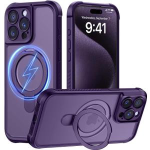 MOCCA Design for iPhone 15 Pro Case with Magnetic Invisible Stand [Full Camera Protection] [Compatible with Magsafe] Military Drop Shockproof Translucent Matte Phone Case Cover 6.1",Deep Purple