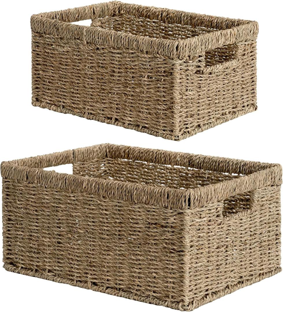 StorageWorks Wicker Storage Baskets, Large and Small Baskets, Handwoven Seagrass Basket for Organizing, Decorative Organizers with Built-in Handles, Set of 2 (15"D x 11"W x 7"H + 13"D x 9"W x 6"H)