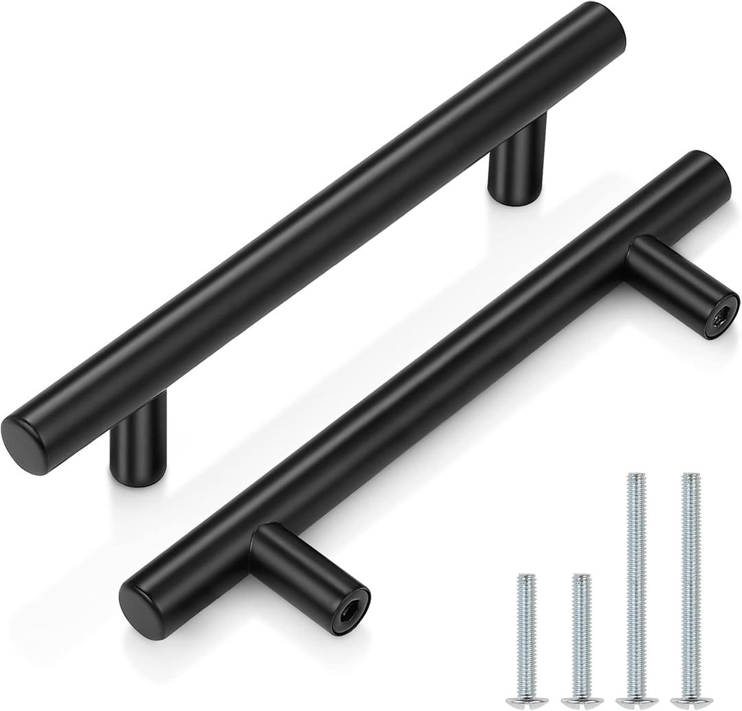 Probrico 30 Pack| 6-2/5 Inch Black Cabinet Handles with 4 Inch Hole Center Stainless Steel Cabinet Pulls Round T Bar Kitchen Cabinet Hardware Door Handles, Drawer Dresser Pulls102mm Hole Centers