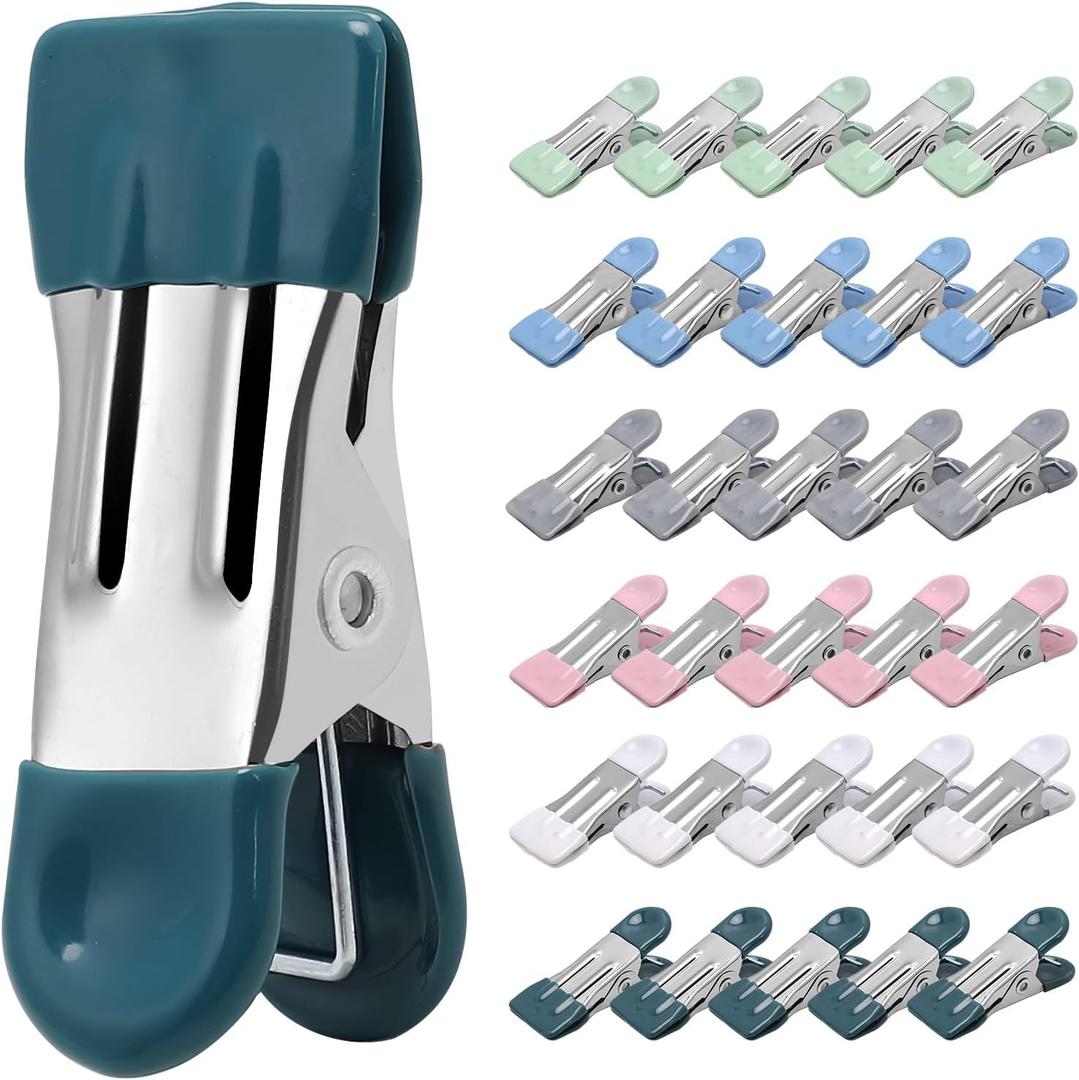 Clothes Pins Heavy Duty 30 Pack, 2.17 Inch Metal Chip Clips, Clothespins for Photo Drying Clothesline Laundry Sock, Bag Clips for Food Kitchen Stainless Steel with Rubber, 6 Colors (Colored)