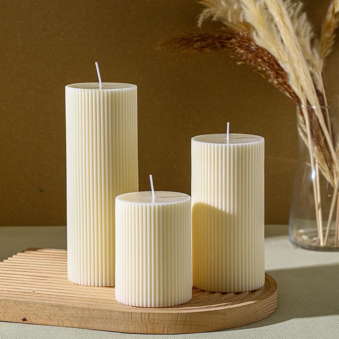 3 x Conelist Ribbed Pillar Candles Set of 3, Width 3" High 4" 6" 8" Large Soy Wax Orchids Scented Pillar Candles Aesthetic Ribbed Modern Home Decor for Bathroom Living Room(Cream)