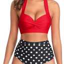 Tempt Me Women Two Piece Swimsuit High Waisted Bikini Halter Vintage Retro Bathing Suit Push up Swimwear (X-Large, Red/Black Dot)