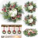 4 Pcs Mini Christmas Wreath for Cabinets Kitchen, 9 Inch Small Christmas Wreaths with Cypress Snowy Pinecone & Pine Branche Red Berry Christmas Candle Rings Wreaths for Cabinet Windows Wall Table
