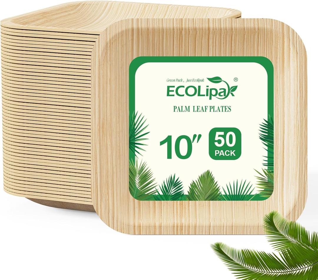 ECOLipak 10 Inch Compostable Palm Leaf Plate Like Bamboo Plate, 50 Pack Disposable Biodegradable Plates Suitable for Party, Dinner