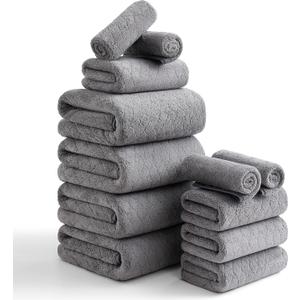 Luxury Bath Towels Set - 12 Piece (4 Bath Towels,4 Hand Towels,4 Washcloths), 100% Microfiber,Extra Absorbent Super Soft & Quick Dry,Complete Family Pack for Bathroom Gym Pool,Grey (Gray)