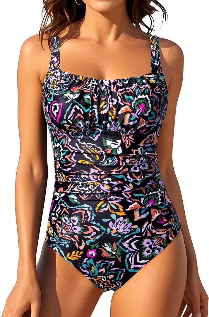 Aqua Eve One Piece Bathing Suit for Women Tummy Control Swimsuit Slimming Vintage Swimwear (XXL)