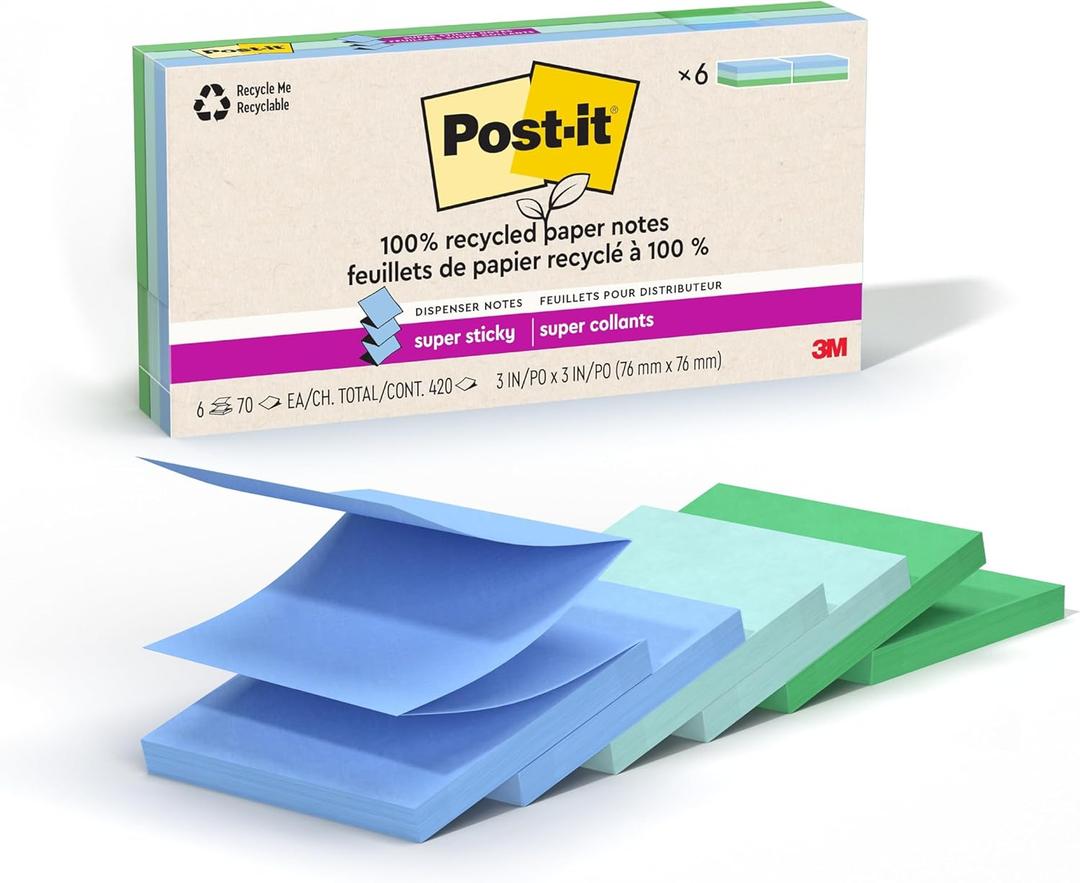 Post-it Super Sticky 100% Recycled Pop-up Notes, 3 in. x 3 in., 70 Sheets, 6 Pads, Oasis Collection, School Supplies and Office Products