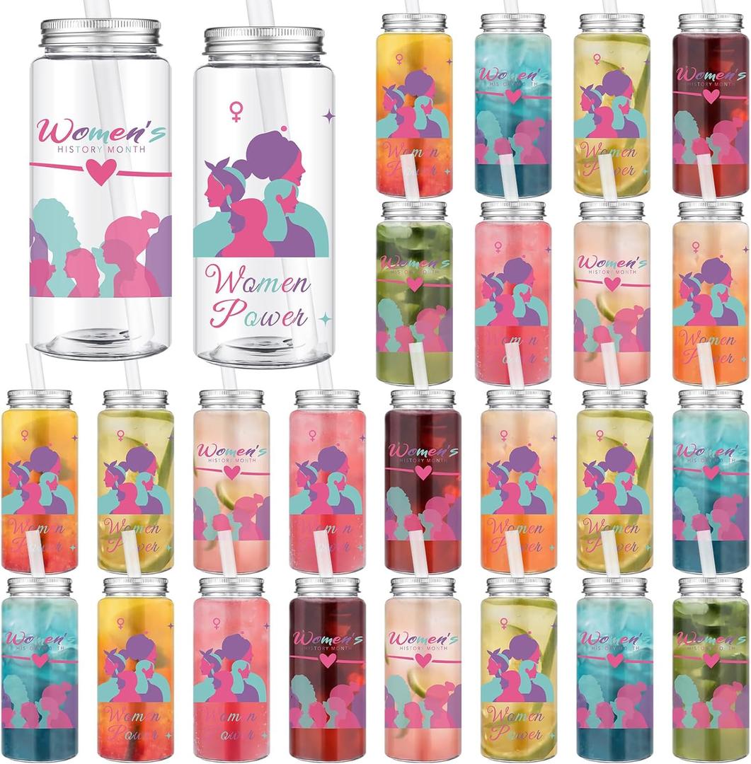 Skylety 24 Pcs Women's History Month Gifts Bulk International Women's Day 14 oz Plastic Cup with Lids and Straws Inspirational Reusable Cups Whm Feminism Woman Power Gift for March Offices Female