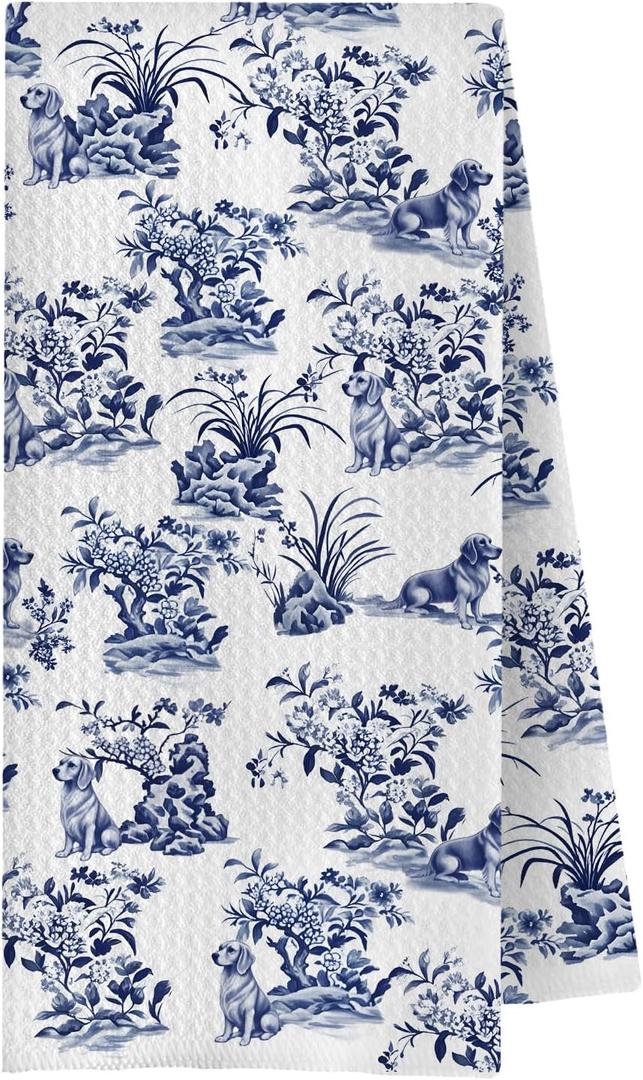 Blue Chinoiserie Golden Retriever Kitchen Towels, Golden Retriever Gifts for Women Dish Tea Towels for Kitchen, Grand Millenial Floral Dog Decorative Hand Towels for Bathroom, 16x24 Inches