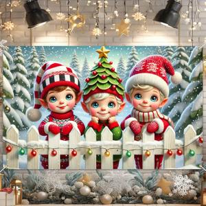 Christmas Backdrop Banner Elf Kids Winter Snow Forest Scene Backdrop Wall Hanging for Party Indoor Outdoor Decor Poster 71 X 43 Inches