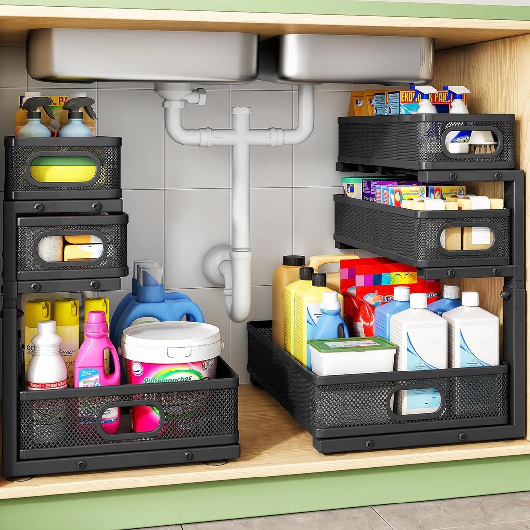 Kitstorack Under Sink Organizer, 2-Pack 3-Tier Height Adjustable Thickened Metal Pull out Cabinet Organizer Shelf, Slide out Storage Drawer Rack for Bathroom Kitchen Pantry Home Laundry Organization (Black)