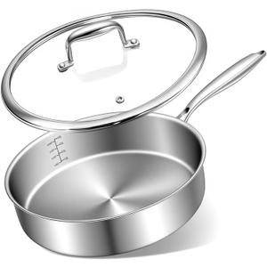 EWFEN 12 Inch Tri-Ply Stainless Steel Frying Pan, Compatible with All Cooktops Up to 600, Large Frying Pan with lids, Induction-Ready Skillet, Dishwasher and Oven Safe, Even Heat, 12" Saute Pan+Lid