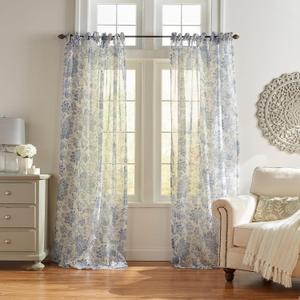 Elrene Home Fashions Westport Floral Tie-Top Sheer Window Curtain Panel, 52" x 84" (1), Indigo