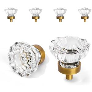 Vintage Cabinet Knobs Crystal Cabinets Knob 4 Pack, Antique Brass Small Pull Clear Crystal For Closet Dresser Drawers Cupboard Wardrobe, Solid Alloy Retro Pulls Single-Hole Old Fashioned Handle