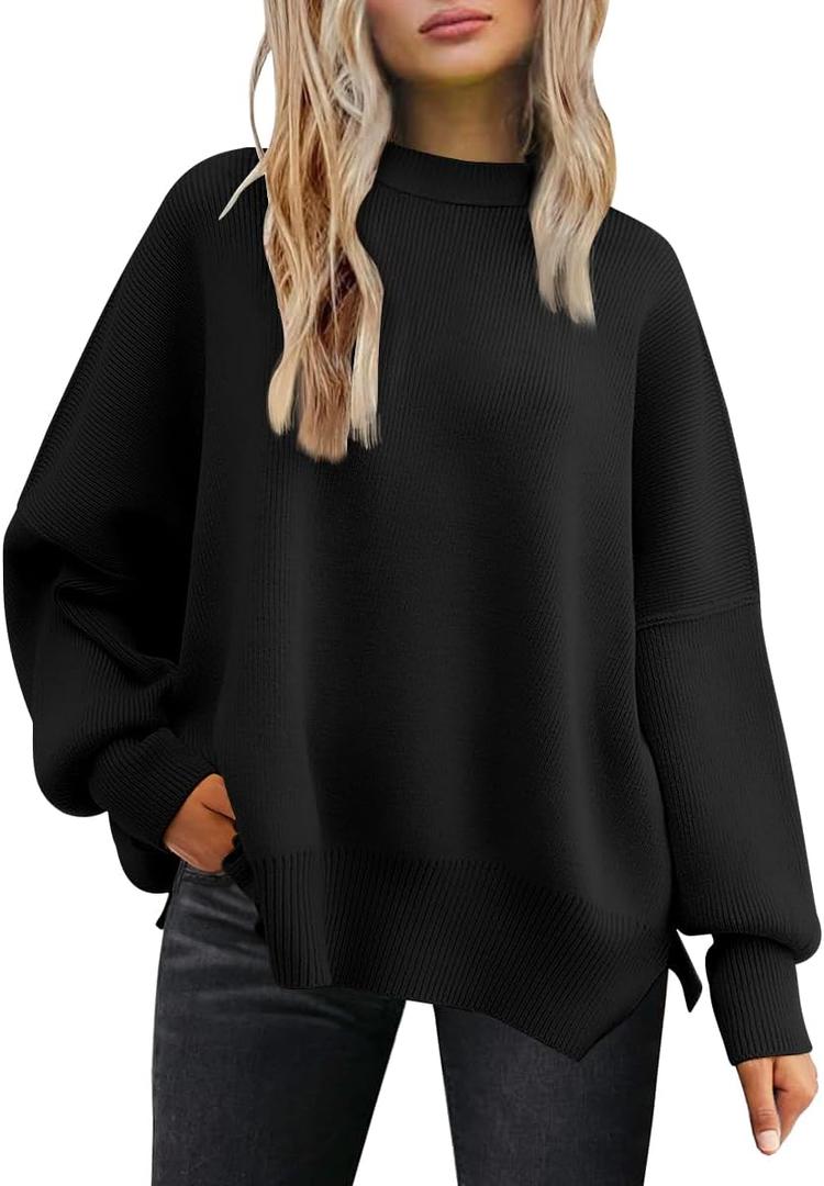 LILLUSORY Women's Oversized Batwing Sweaters 2025 Fall Outfits Trendy Crewneck Knit Side Slit Fashion Pullover Tops (Large, Black)
