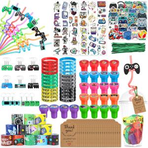 252PCS Video Game Party Favors Set, Gamer Birthday Party Decorations Includes Gamer Drinking Straws Cups Keychains Slap Bracelets Stamps Stickers for Kids Gaming Party Gifts