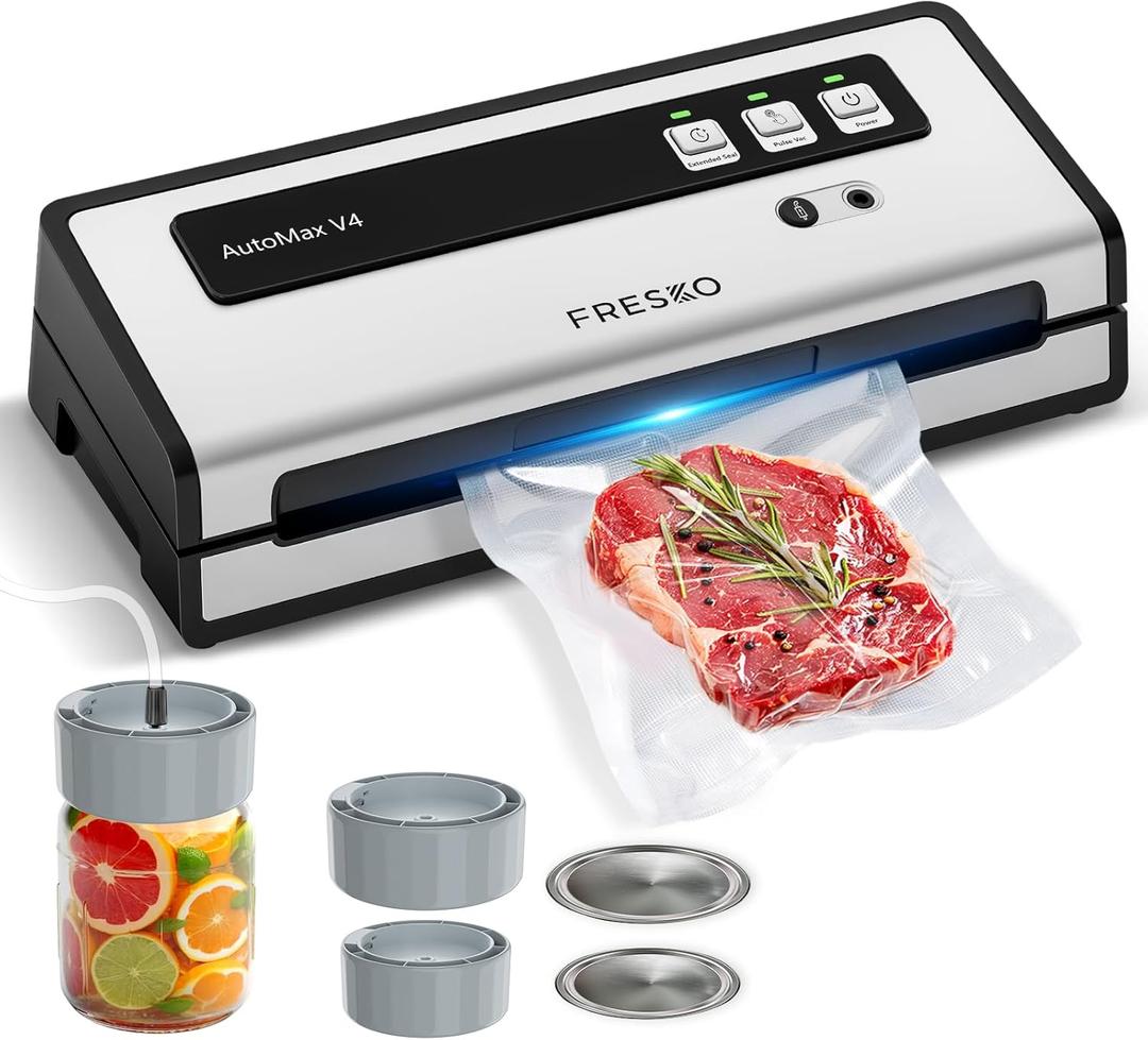 FRESKO Vacuum Sealer Machine with Automatic Bag Detection, Mason Jar Vacuum Accessory Set, Double Heat Seal, Easy to Use, Starter Kits (Silver-Black)