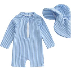 Baby Boys Girls Swimsuit One Piece Striped Zipper Bathing Suit Rash Guard Long Sleeve Seersucker Swimwear Sunsuit (0-3 Months, Blue)