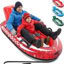 QPAU 2-Person Inflatable Snow Sled with Premium Canvas Cover, Heavy Duty Sled with Backrest & Reinforced Handles, Snow Tubes for Kids & Adults, Winter Inflatable Toys (Red)