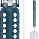 MUKOKO Half Gallon/64 oz Glass Water Bottles with Straw and Lid, Motivational Water Jug with Time Marker Reminder and Silicone Sleeve,100% Leakproof BPA Free Fitness Sports Large Bottle-Blue
