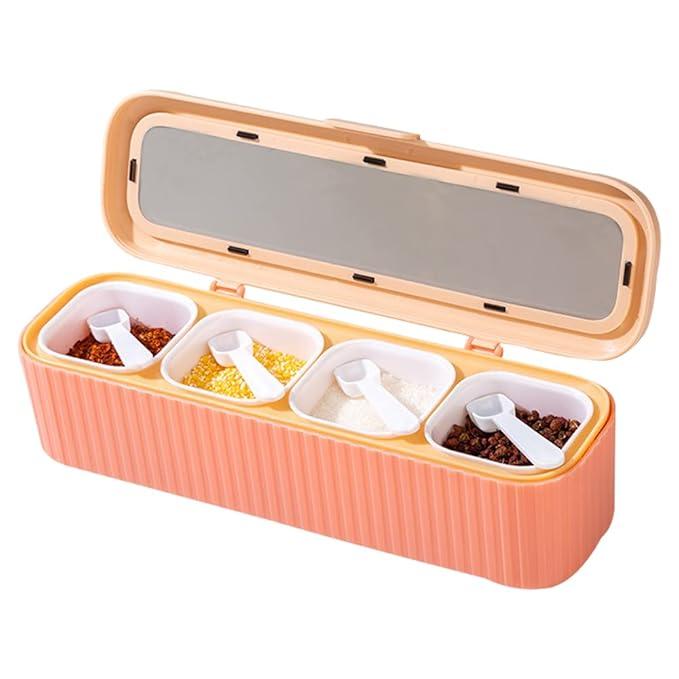WANGSHIQI Clear Seasoning Box, 4 Packs Seasoning Rack Spice Pots, Condiment Jars Seasoning Box with Clear Covers and Spoons for Spice, Sugar, Salt, Pepper, Garlic Powder (Pink)