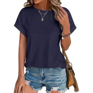 Bliwov Womens Tops Eyelet Embroidery Summer Spring Curved Hem Short Sleeve Trendy T Shirts Outfits Beach Vacation Clothes (X-Large, Navy Blue)