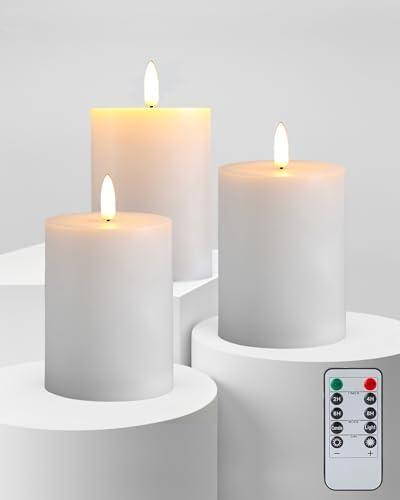 Gmnee 2"x4" Flickering Flameless Candles with Remote Timer, 3" Diameter White Pillar, Real Wax, Set of 3 Large Battery Operated LED Candles for Table and Fireplace Decor (H 4")