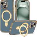 Compatible with iPhone 15 Plus Case with Magnetic Ring Stand [Compatible with Mag-Safe] [Full Camera Lens Protector] Soft Plating Phone Case for iPhone 15 Plus 6.7", Grey Blue