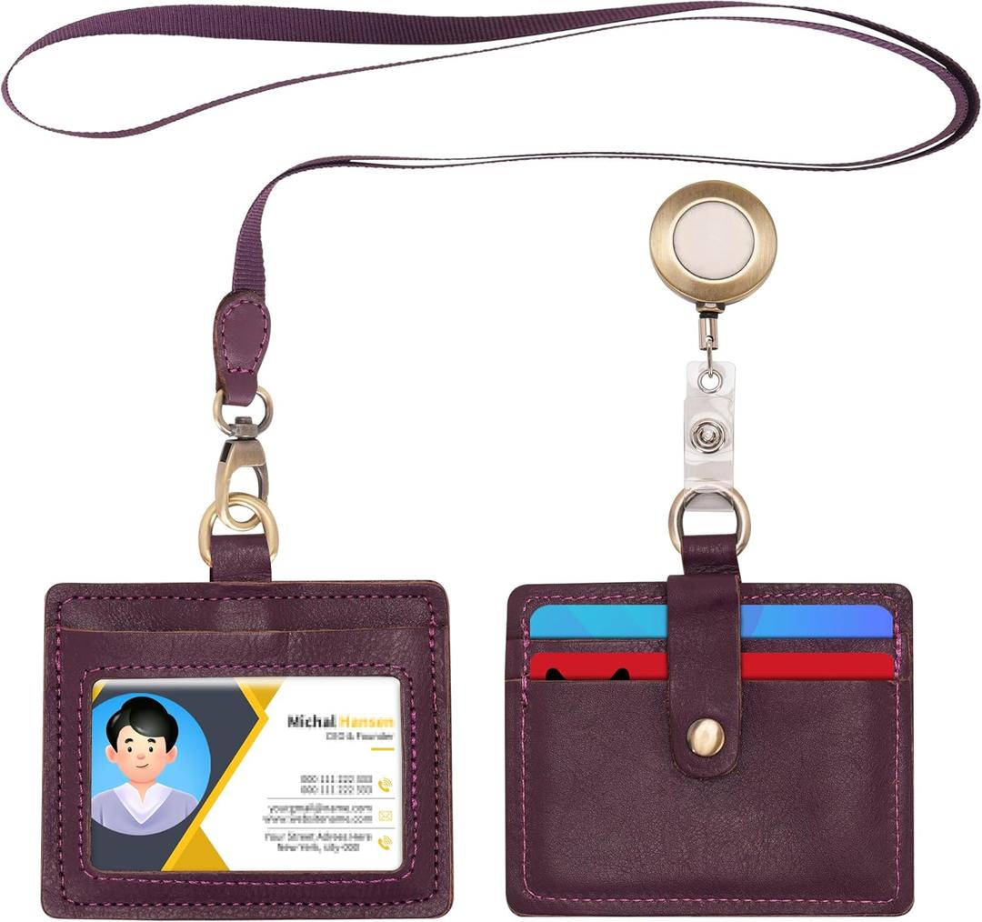 Wonderpool Leather Horizontal Badge Holder with Detachable Neck Lanyard and Retractable Badge Reel Clip, Card Slots Case ID Card Holder for ID Badges Card and Driver Licence (Purple)