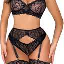 Lilosy Sexy Bow Feather Floral Lace Sheer Underwire Push Up Garter Lingerie Set (Large, Black)