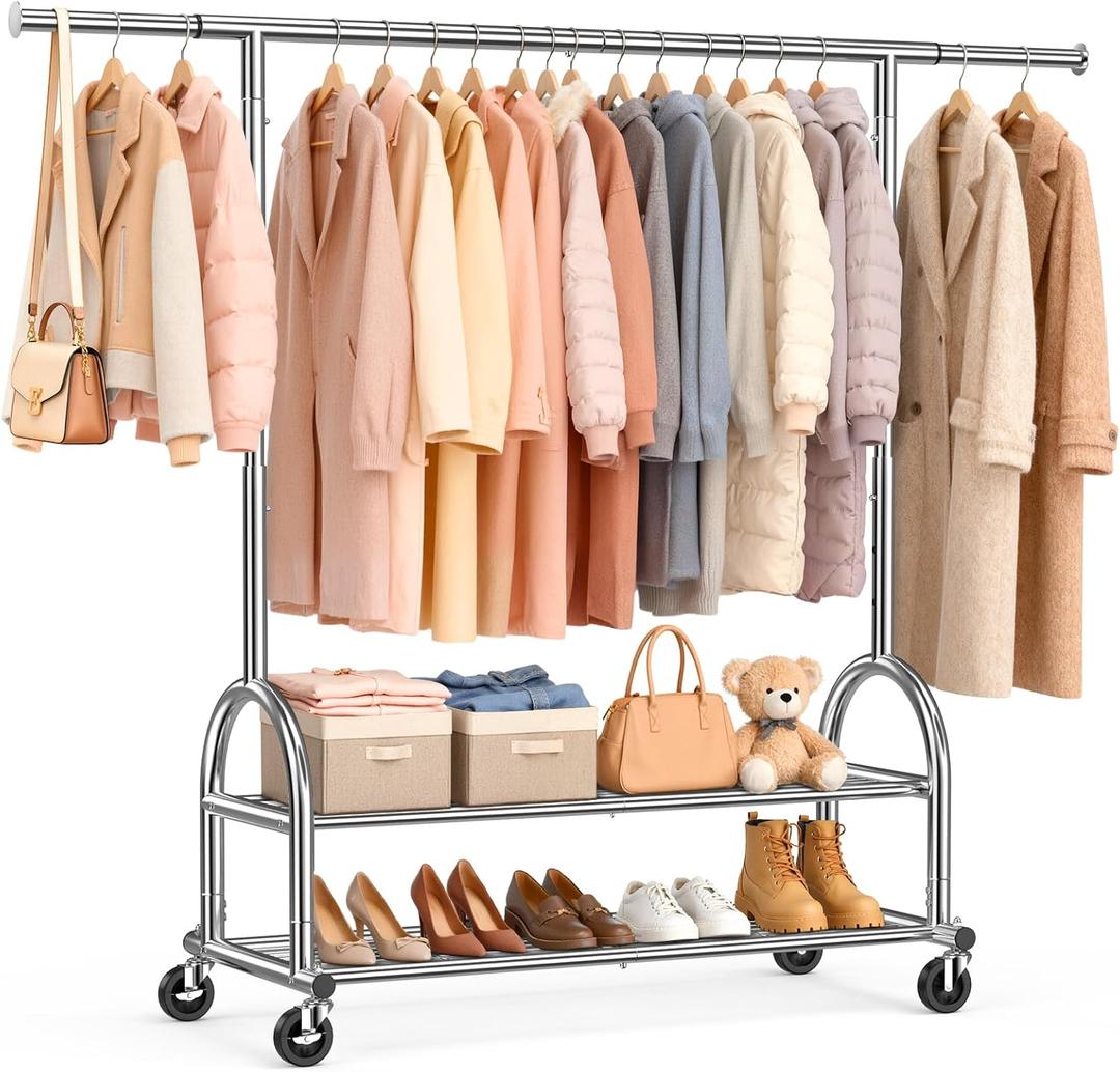 EAGMAK Heavy Duty Clothes Rack for Hanging Clothes Load 556 LBS, Height Adjustable Rolling Clothing Racks, Portable Metal Coat Rack Garment Wardrobe with Wheels and Shelves for Bedroom Laundry, Silver