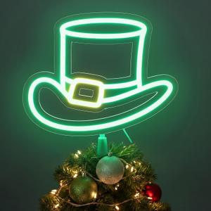 Tuanse Lighted St. Patrick's Day Tree Topper Decorations 11 Inch LED Irish Neon Sign Decorations Green Decor with Battery Operated or USB Powered for Party St. Patrick's Day Holiday(Top Hat)