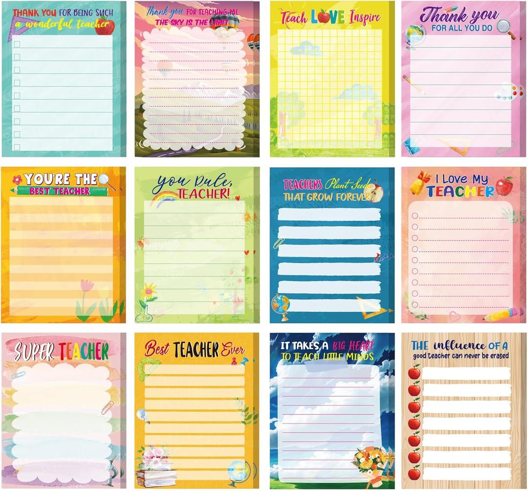 Pajean 12 Pcs End of Year Teacher Gifts Teacher Appreciation Notepad Gift Sets Lined Notepads to Do List Memo Notepads for Graduation Present Colored Cute Sticky Paper Notes Supplies(Elegant Style)