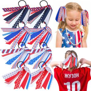 8PCS 4th of July Hair Ties for Girls, Red White Blue Ribbon Hair Ties, Independence Day Hair Accessories Party Favor Gift for Cheerleader Women