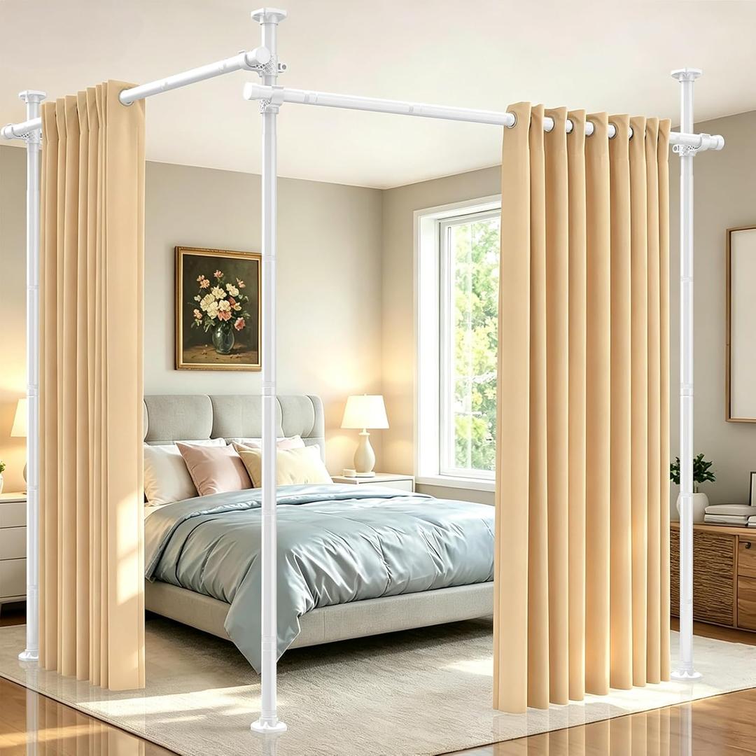 SUNALLY Room Divider Tension Curtain Rod, No Drilling Room Separator for Space Partition, 4-10ft(H) 32-200inch(W) Adjustable Heavy Duty Temporary Wall Divider Floor to Ceiling Tension Rod, White