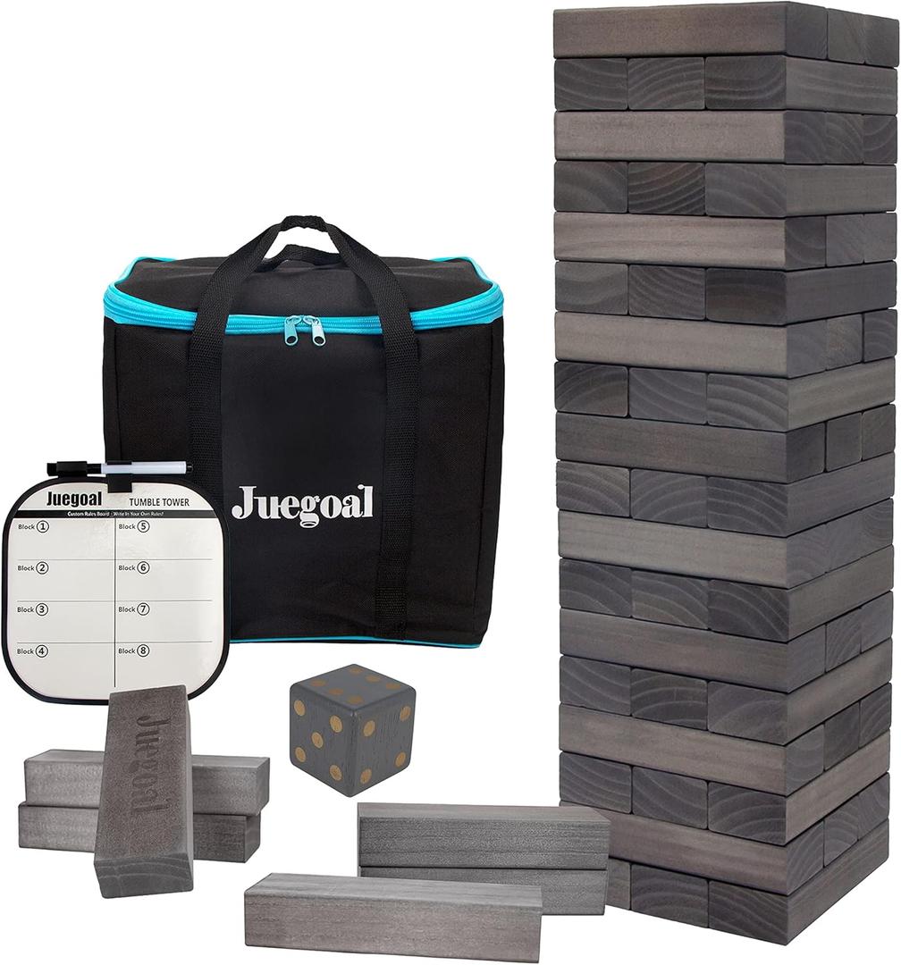 Juegoal 54 Pieces Giant Tumble Tower Blocks Game Giant Wood Stacking Game with 1 Dice Set, Gameboard, Canvas Bag for Adult, Kids, Family, Grey (Large)