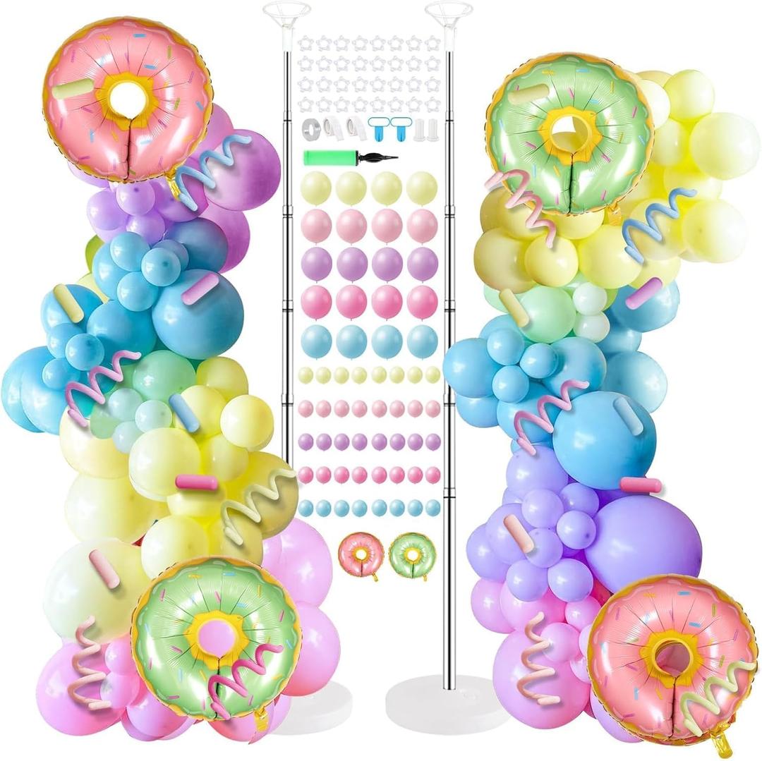 2 Sets Christmas Candy Doughnut Balloon Column Stand Kits Adjustable Macaron Colour Rainbow Balloons Ice Cream Balloon Column Kit Candy Sprinkle Doughnut Themed Tower Stand Kit for Birthday Kids Party
